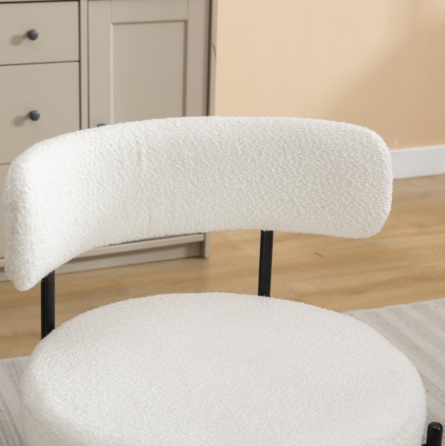 Set of 2 Modern Round Boucle Dining Chairs with Foam Cushions, 20.25W x 20.25D x 29H, Iron Legs, White