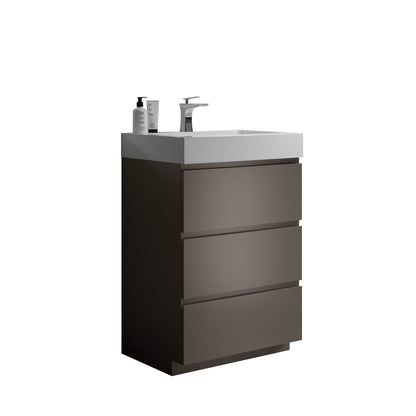 Contemporary 24" Gray Freestanding Bathroom Vanity with Glossy White Sink, Efficient Storage Solution with Silent Drawers, Pre-assembled Design