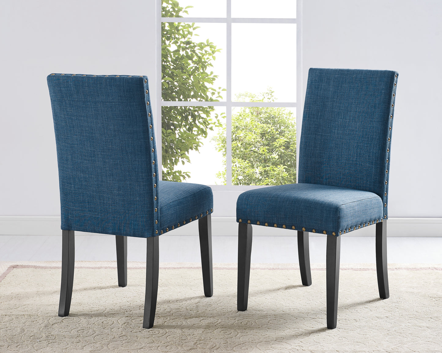 Set of 2 Fabric Dining Chairs with Nailhead Trim, Linen-Cotton Upholstery, Espresso Finish, 200 lb, Blue