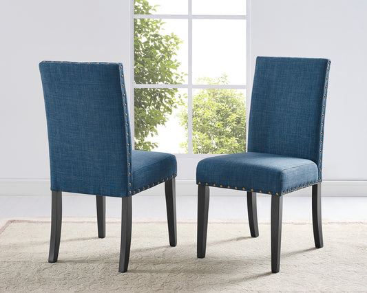 Set of 2 Fabric Dining Chairs with Nailhead Trim, Linen-Cotton Upholstery, Espresso Finish, 200 lb, Blue
