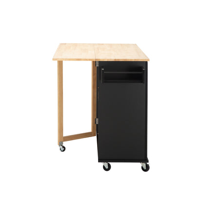 Mobile Kitchen Island with Rubber Wood Top, Adjustable Shelves & Spice Rack - Black-Beech Finish