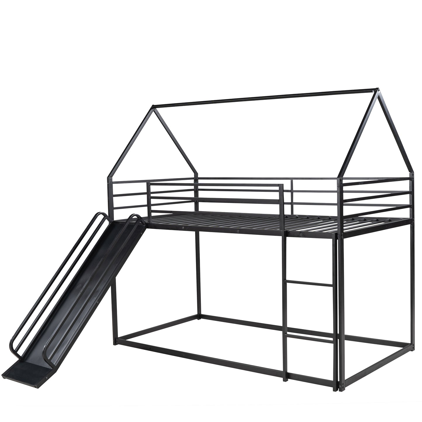 Twin House Bunk Bed with Slide and Ladder in Black for Kids