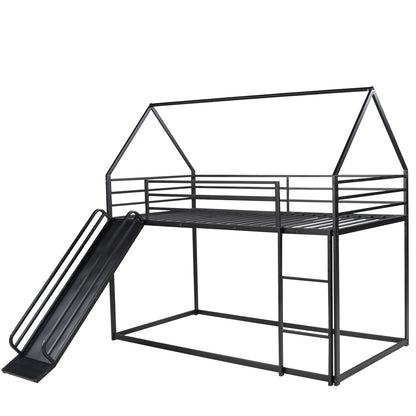 Twin House Bunk Bed with Slide and Ladder in Black for Kids