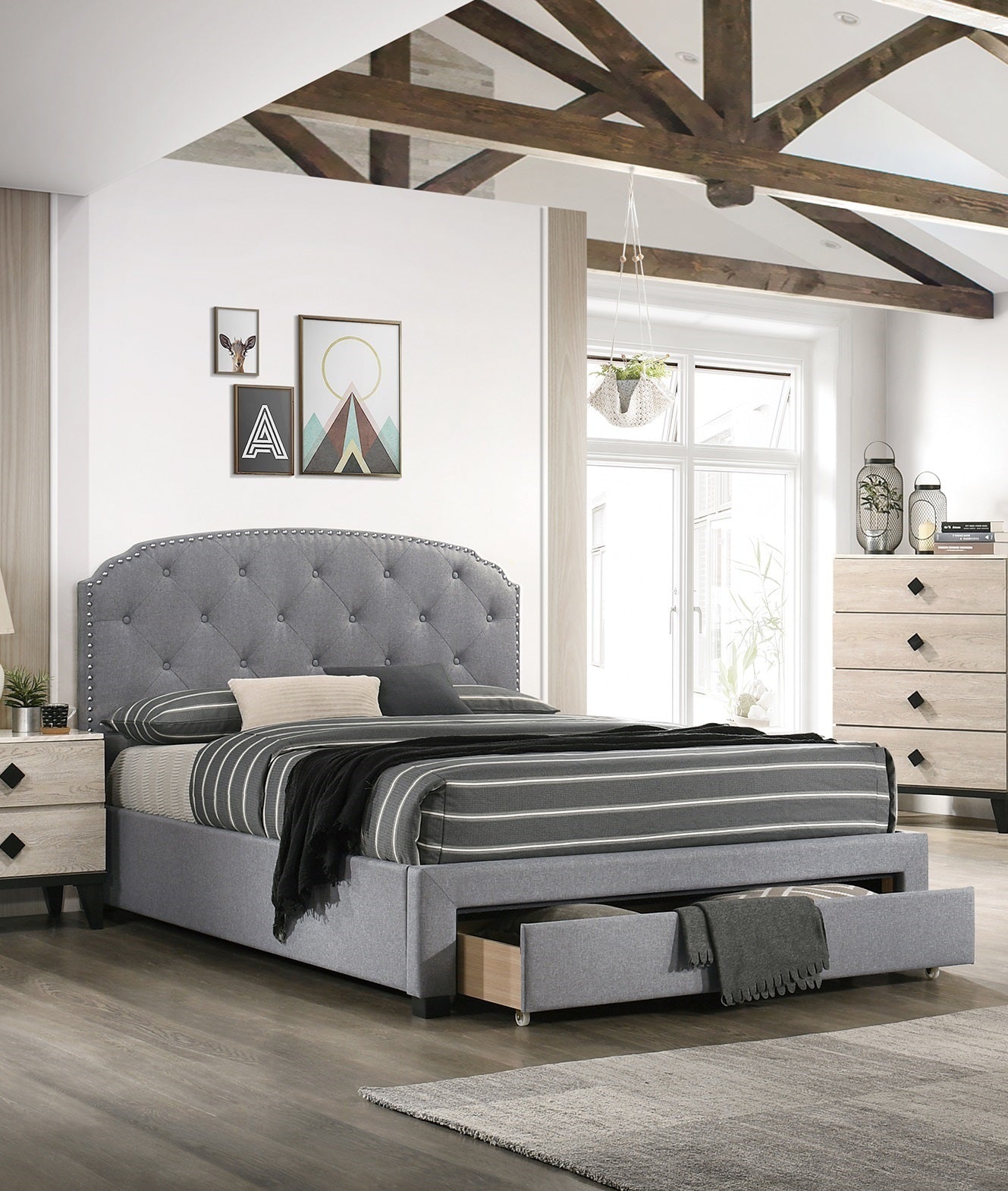 Light Grey Upholstered Twin Bed Frame with Storage Drawer and Button Tufted Headboard