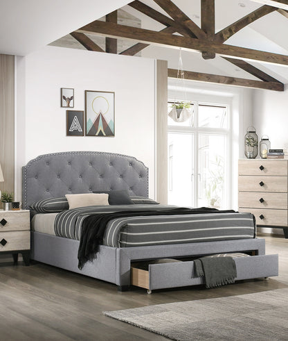 Light Grey Upholstered Twin Bed Frame with Storage Drawer and Button Tufted Headboard