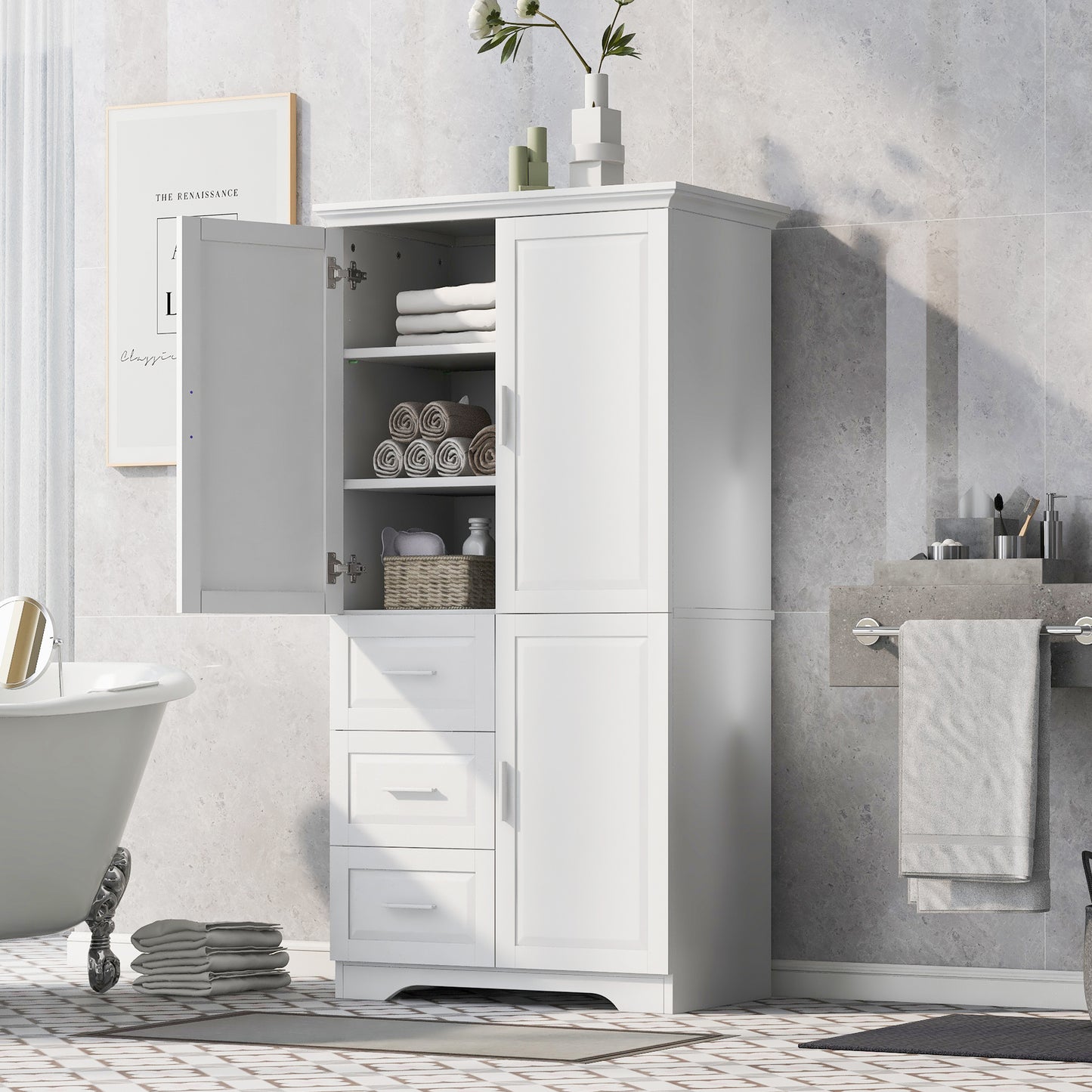 Versatile Tall Storage Cabinet with Doors and Drawers for Bathroom, Office, or Kitchen - White MDF Design