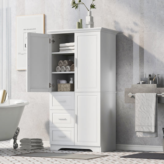 Versatile Tall Storage Cabinet with Doors and Drawers for Bathroom, Office, or Kitchen - White MDF Design