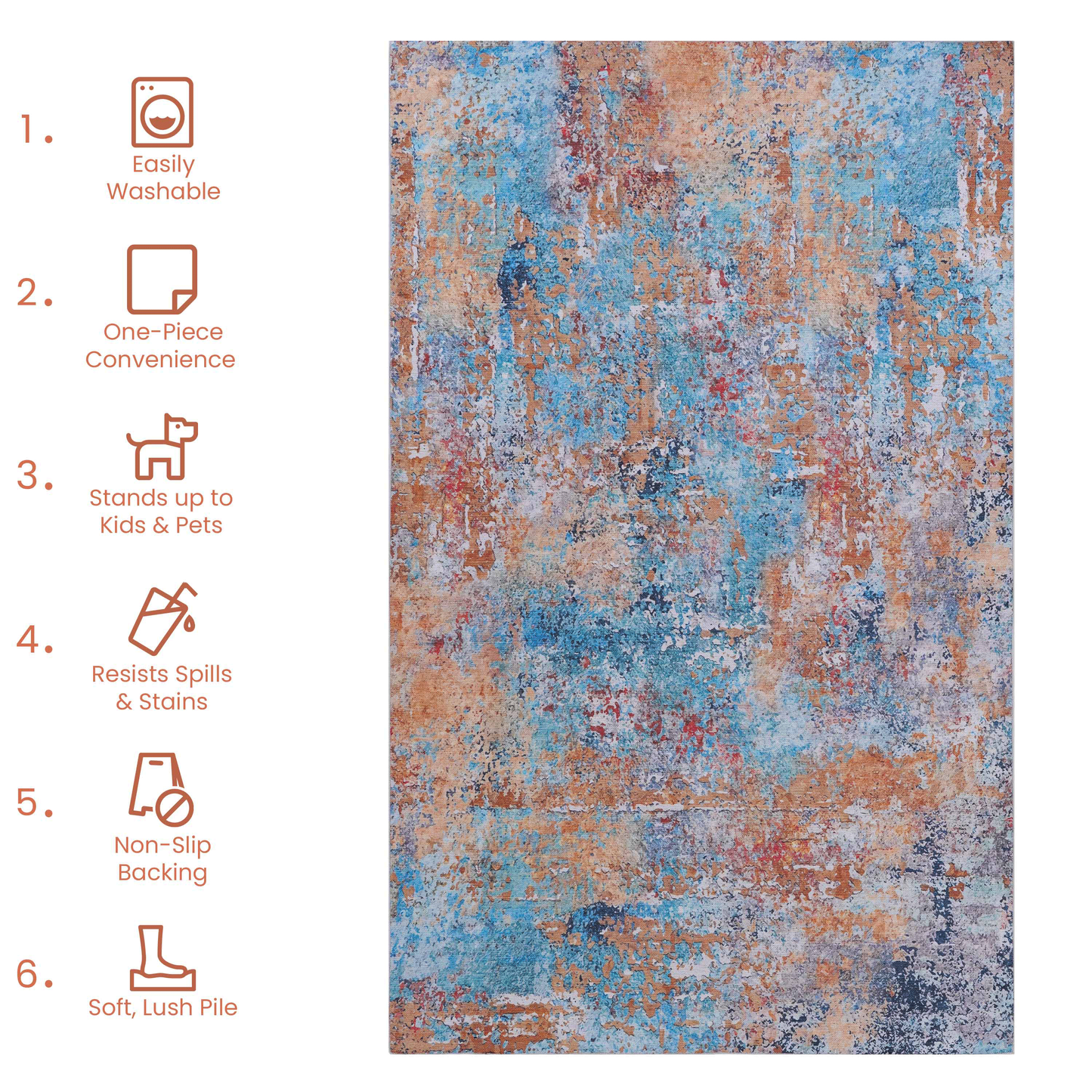 8x10 Area Rug, Washable, Low-Pile Chenille, Non-Slip Backing, Foldable, Kid & Pet Friendly, Multi