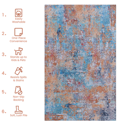 8x10 Area Rug, Washable, Low-Pile Chenille, Non-Slip Backing, Foldable, Kid & Pet Friendly, Multi