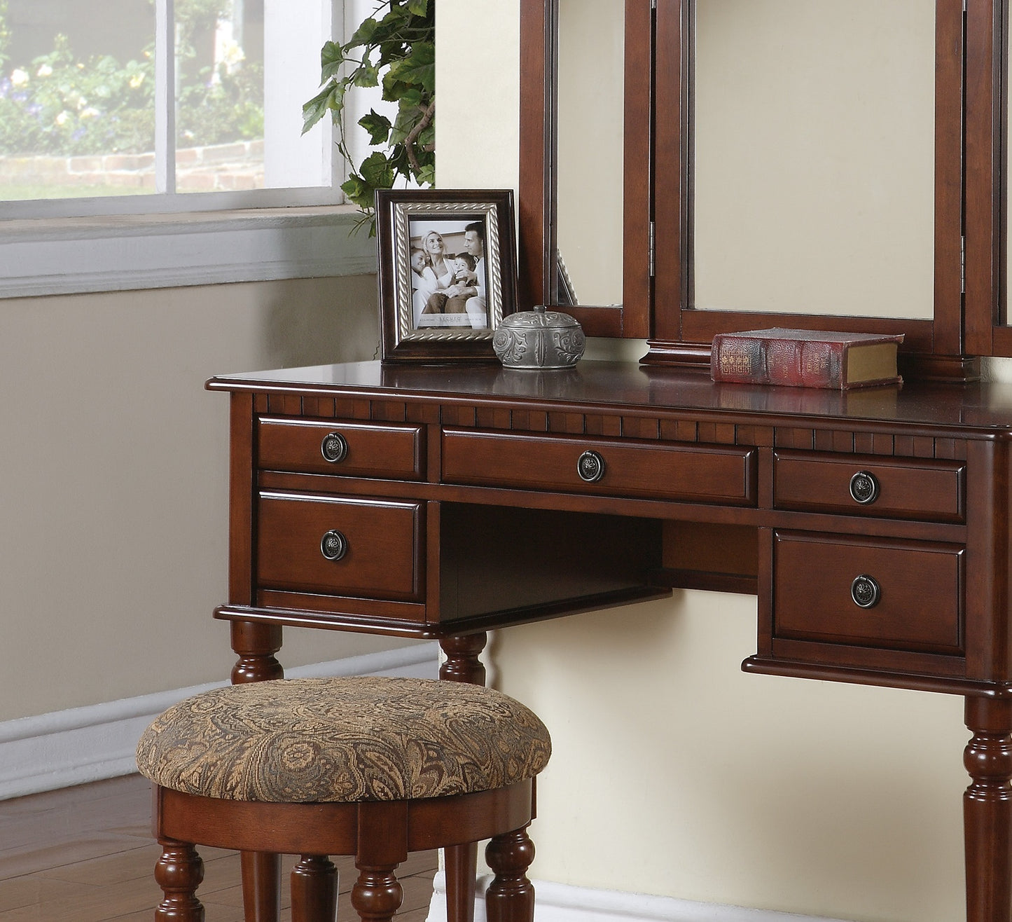 Contemporary Bedroom Vanity Set with Foldable Mirror, Drawer Storage, and Stool - Space-Saving Makeup Vanity Cherry