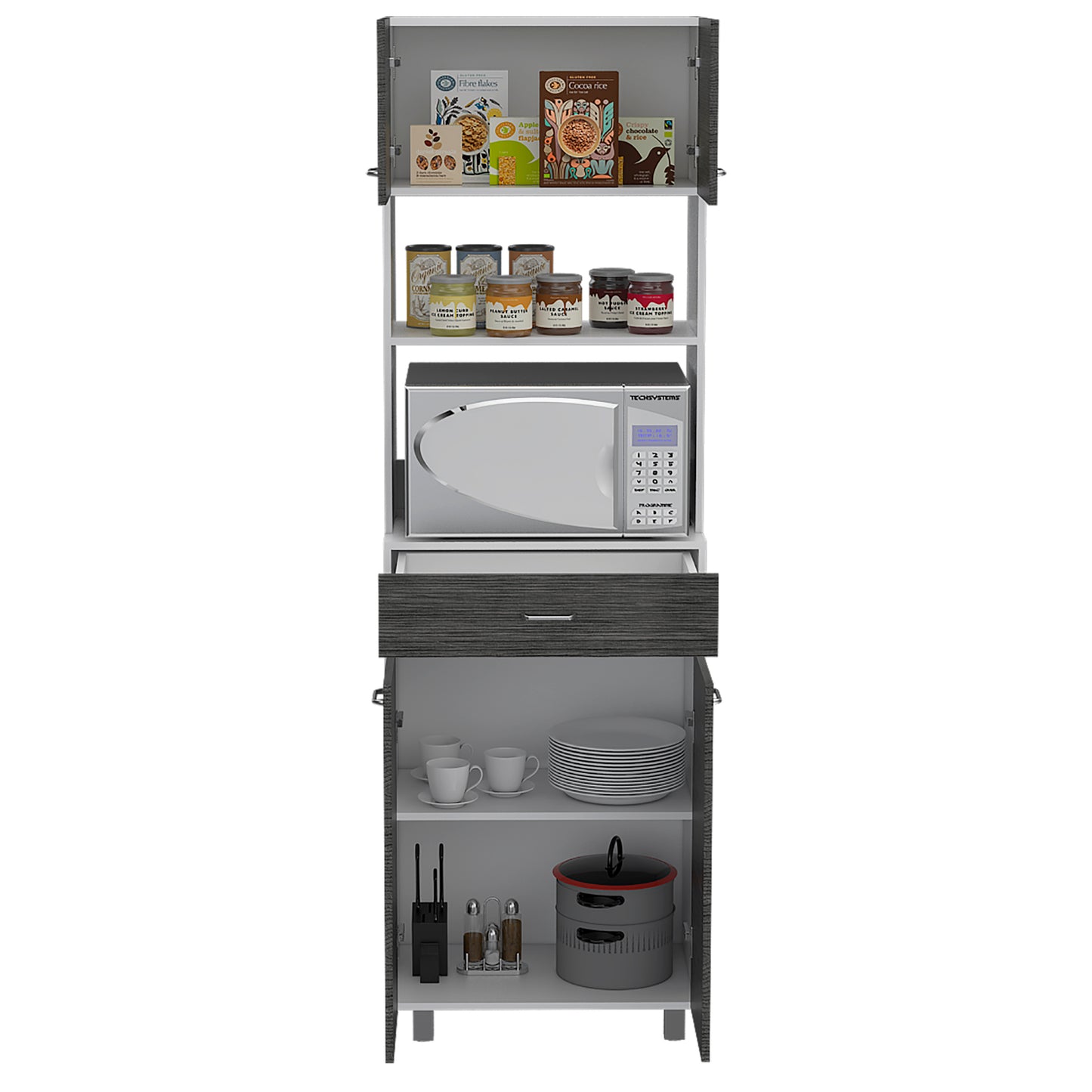Microwave Storage Cabinet Madison, Kitchen Organizer, White & Smokey Oak