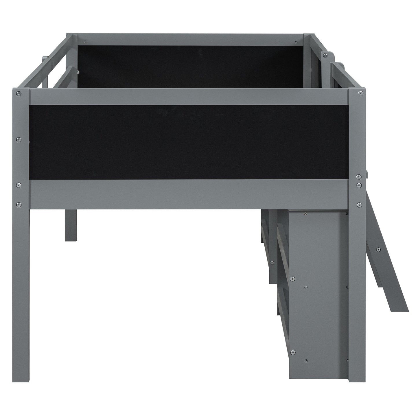 Twin Size Low Loft Bed with Creative Chalkboard Guardrails and Adjustable Storage Shelves, Gray