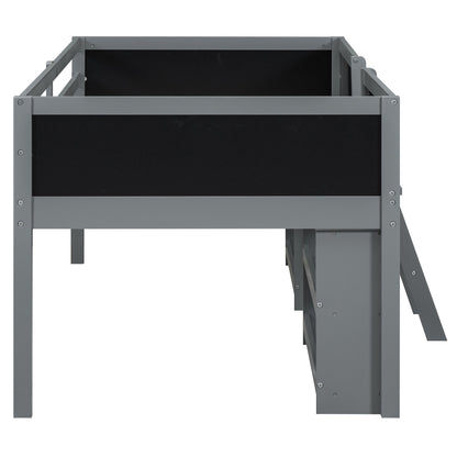 Twin Size Low Loft Bed with Creative Chalkboard Guardrails and Adjustable Storage Shelves, Gray
