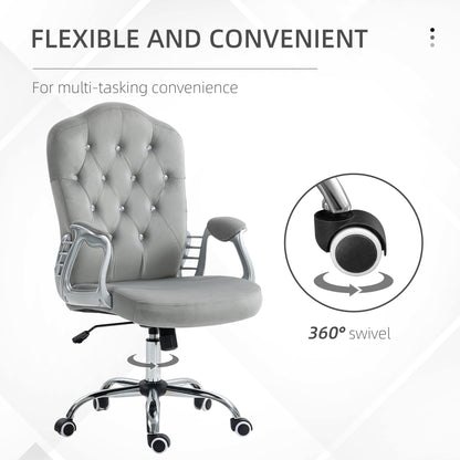 Velvet Tufted Swivel Office Chair with Adjustable Height and Tilt Function in Light Gray