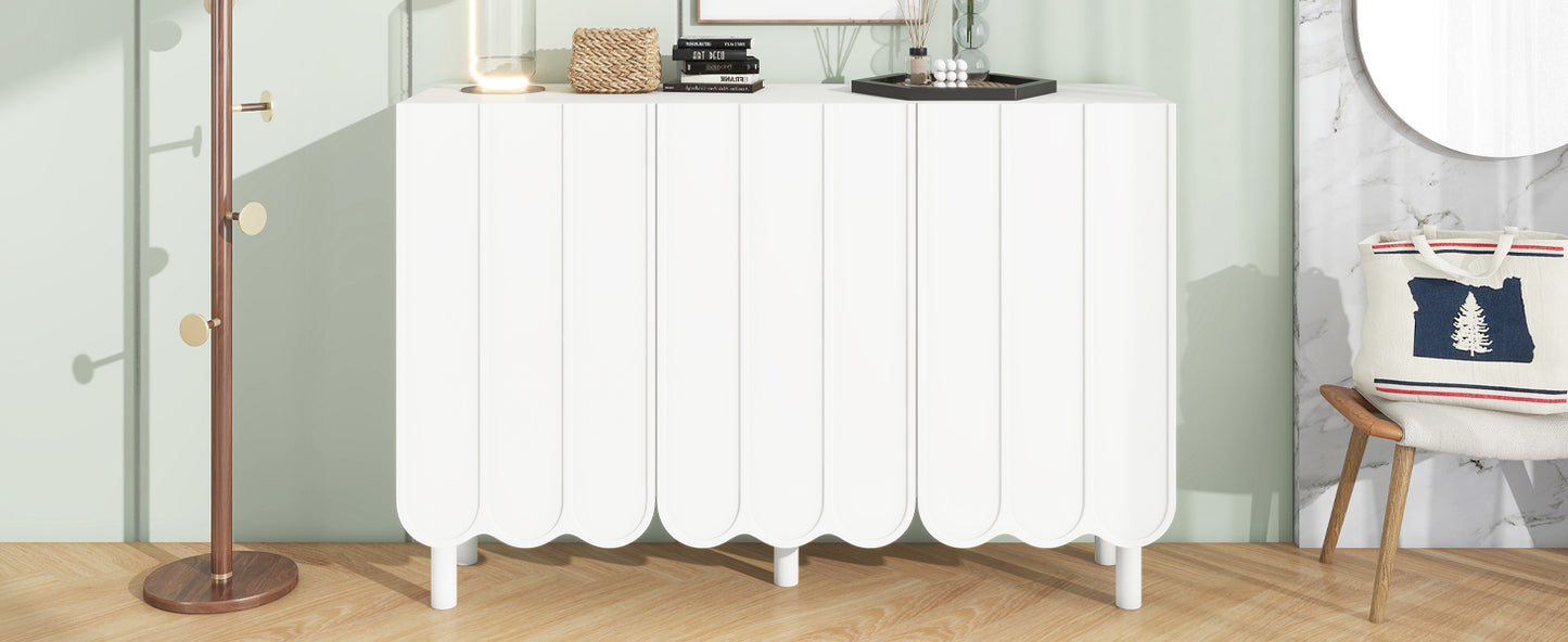 ON-TREND Cream Style Minimalist Shoe Cabinet with 5 Solid Wood Legs, Sideboard Buffet Cabinet with Adjustable Shelves, Large Storage Cabinet with Wave Doors for Living Room, White
