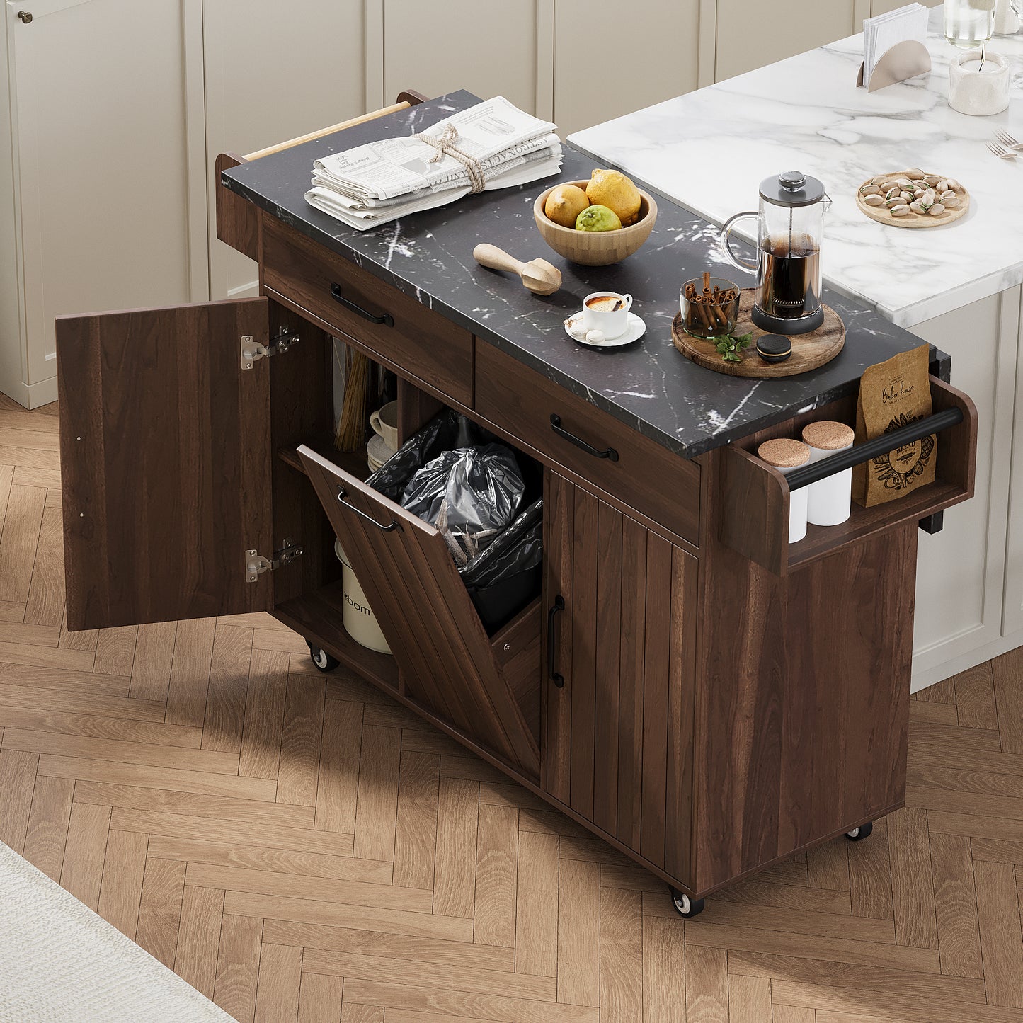 Walnut Brown Rolling Kitchen Island with Drop Leaf, Trash Can Storage, Spice & Towel Racks, and Adjustable Shelves