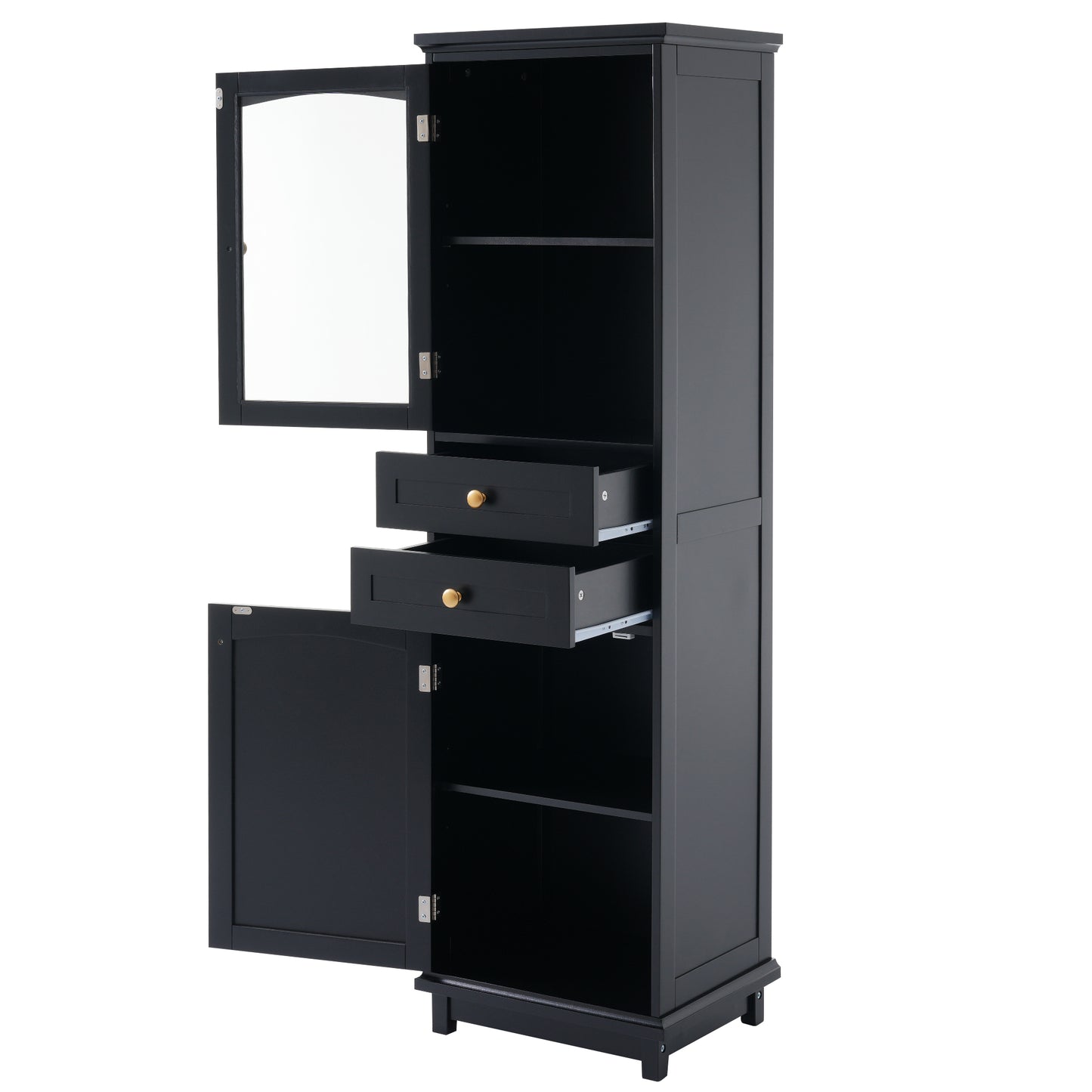 63" Tall Bathroom Storage Cabinet with Glass Doors, Free-Standing, Two Drawers, and Adjustable Shelves, MDF Board, Painted Black - Perfect for Displaying Your Favorite Items