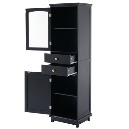 63" Tall Bathroom Storage Cabinet with Glass Doors, Free-Standing, Two Drawers, and Adjustable Shelves, MDF Board, Painted Black - Perfect for Displaying Your Favorite Items
