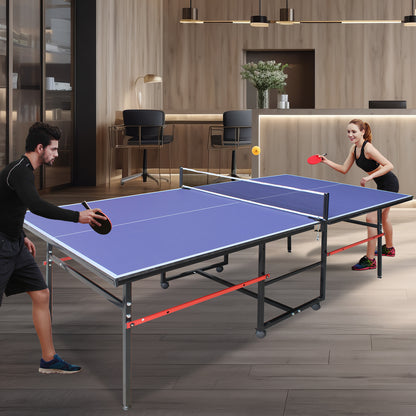 8ft Foldable Mid-Size Table Tennis Table Set for Indoor/Outdoor Use with Net, 2 Paddles, 3 Balls – Portable Blue