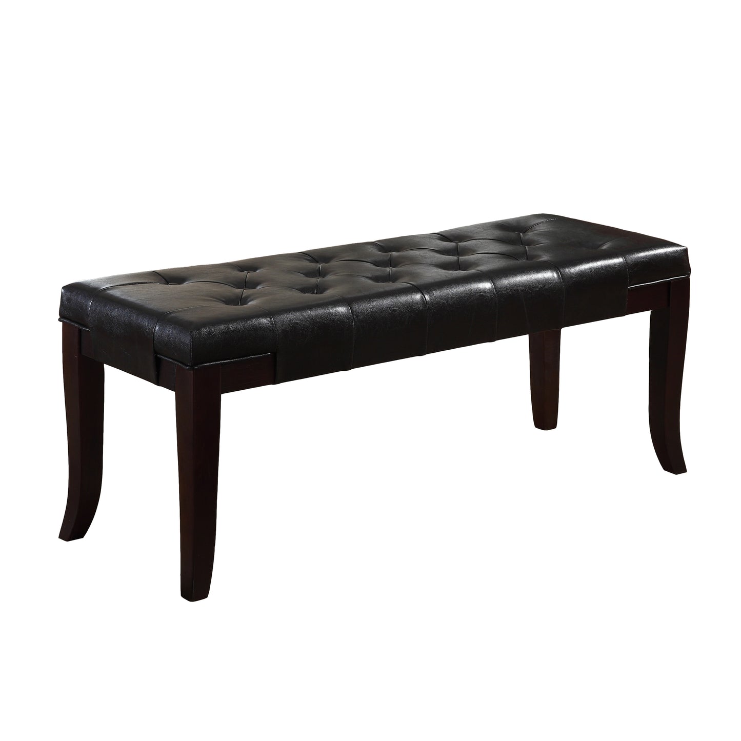 Tufted Faux Leather Bench, 44W x 16D x 18.25H, Solid Hardwood Legs, Foyer/Bedroom/Living Room, Espresso