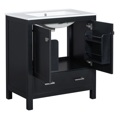 30-Inch Modern Black Bathroom Vanity with Single Sink and Soft-Close Doors, Stylish Storage Cabinet with Undermount Ceramic Basin, Durable Solid Wood Frame