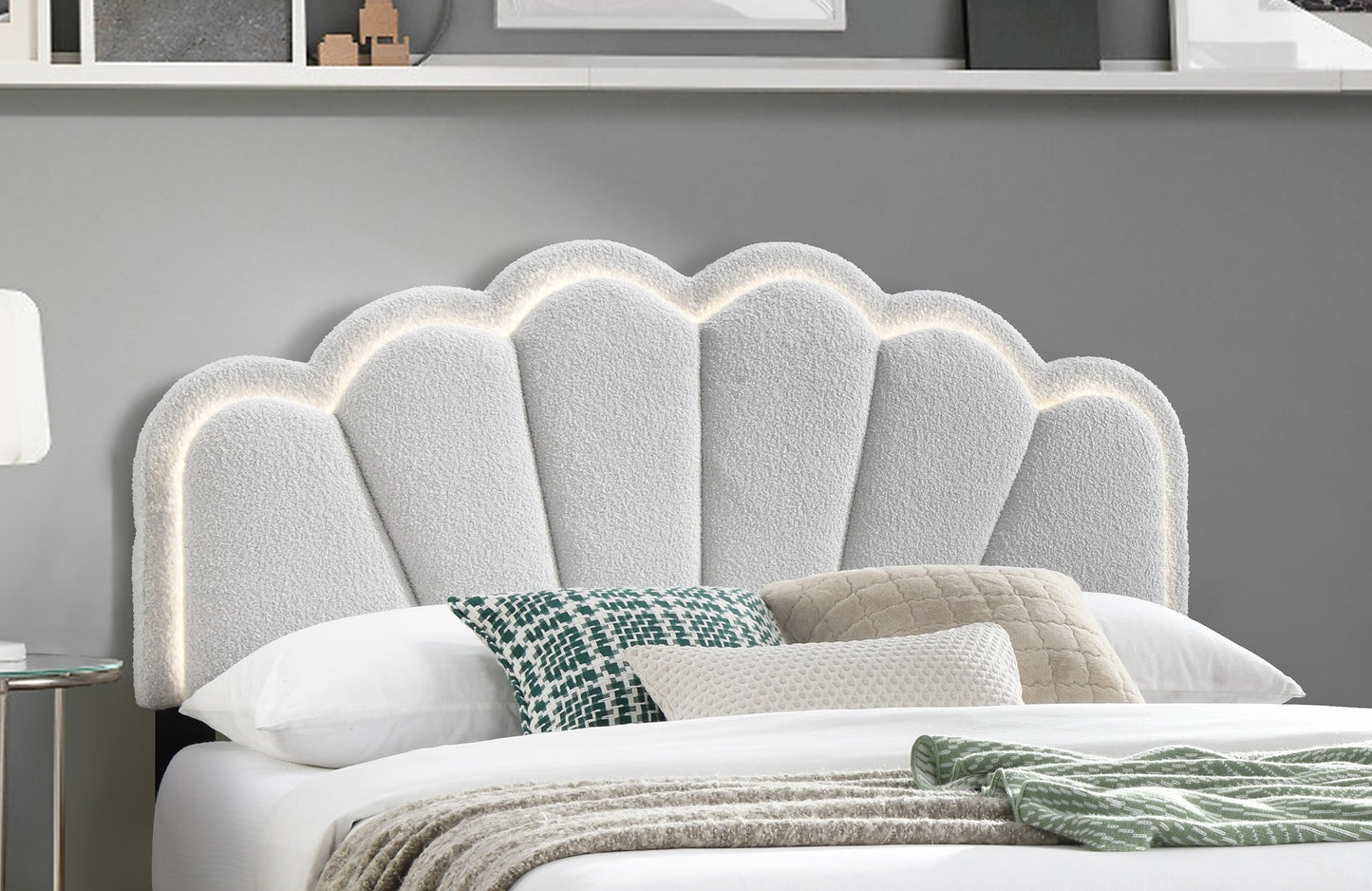 Elegant White Queen Size Platform Bed with Floral Headboard and LED Lighting