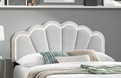 Elegant White Queen Size Platform Bed with Floral Headboard and LED Lighting