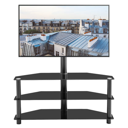 TV Stand with Height-Adjustable Swivel Bracket, Glass Shelves, Fits 32-65 Inch TVs, Easy Assembly Black