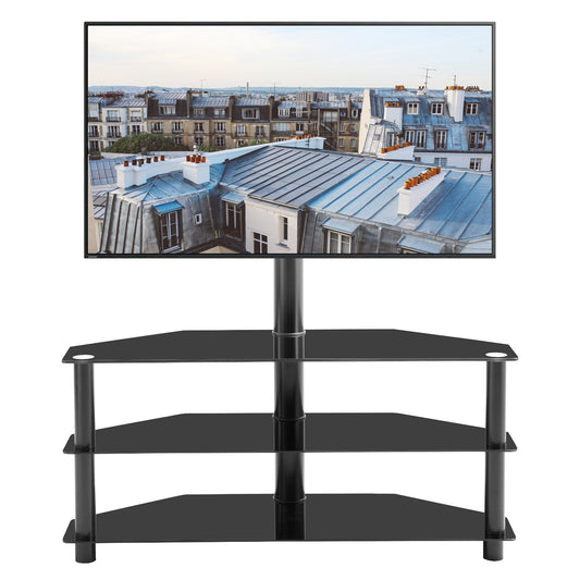 TV Stand with Height-Adjustable Swivel Bracket, Glass Shelves, Fits 32-65 Inch TVs, Easy Assembly Black