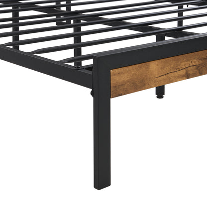 Elegant Queen Size Metal Platform Bed Frame with Wooden Accents, USB Charging, No Box Spring Needed, Spacious Under-Bed Storage, Quick Assembly