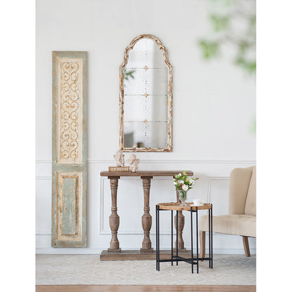 Elegant 22" x 48" Cream & Gold Arched Wall Mirror with Decorative Grid, Perfect for Living Room, Bathroom, or Entryway