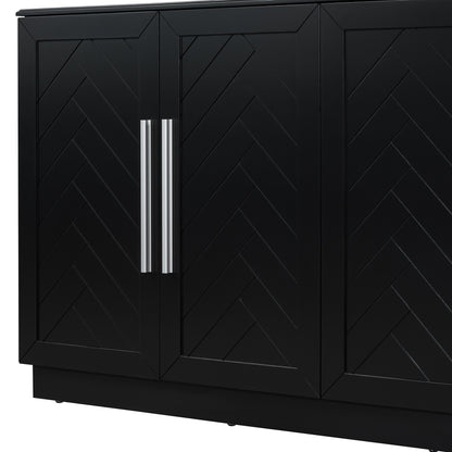 TREXM Sideboard with 4 Doors Large Storage Space Buffet Cabinet with Adjustable Shelves and Silver Handles for Kitchen, Dining Room, Living Room (Black)