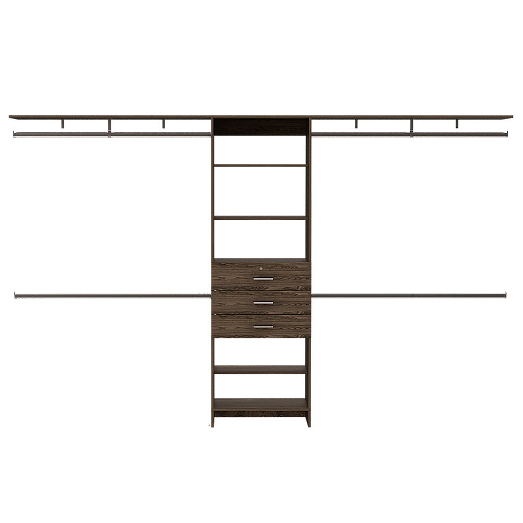 Plego Adjustable Drawers Closet System with Five Shelves and Four Hanging Rods - Dark Walnut Finish