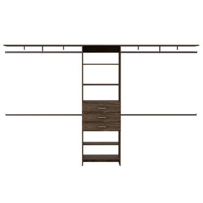 Plego Adjustable Drawers Closet System with Five Shelves and Four Hanging Rods - Dark Walnut Finish