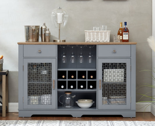Light Blue Farmhouse Buffet Cabinet With Glass Doors