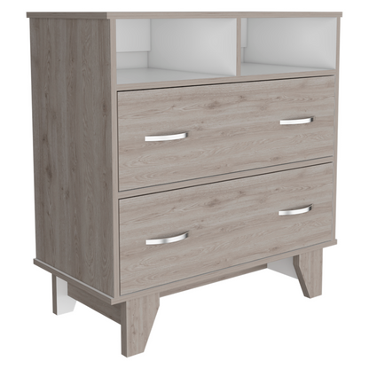 Portanova Modern Light Gray and White Dresser with Two Drawers and Open Shelves