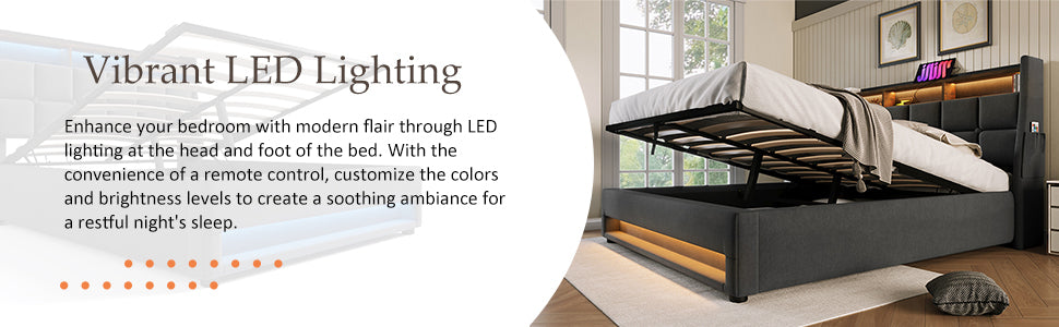 Modern Queen Size Upholstered Platform Bed with Hydraulic Storage, LED Lighting, and USB Port - Grey (Mattress Not Included)