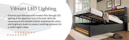 Modern Queen Size Upholstered Platform Bed with Hydraulic Storage, LED Lighting, and USB Port - Grey (Mattress Not Included)