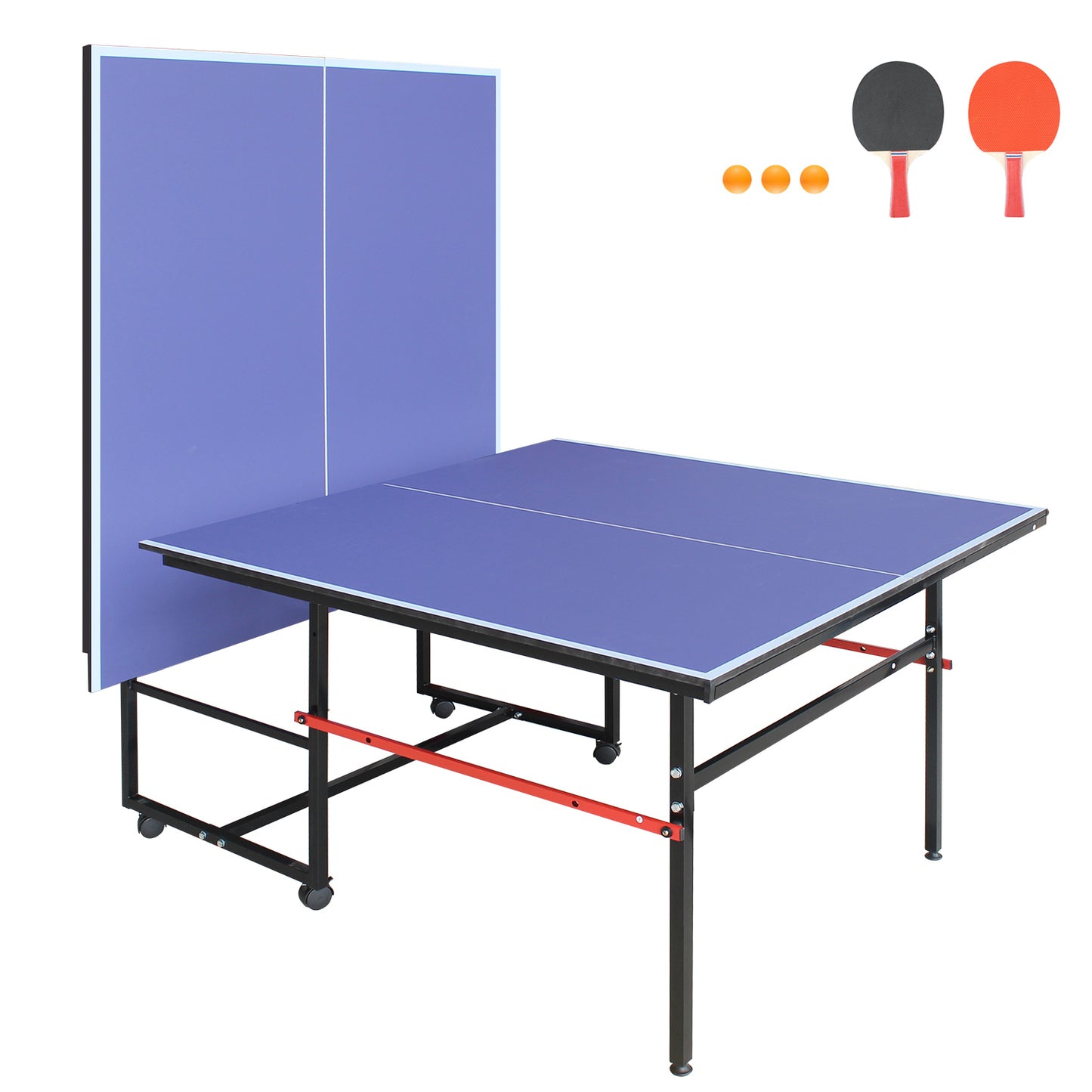 8ft Foldable Mid-Size Table Tennis Table Set for Indoor/Outdoor Use with Net, 2 Paddles, 3 Balls – Portable Blue