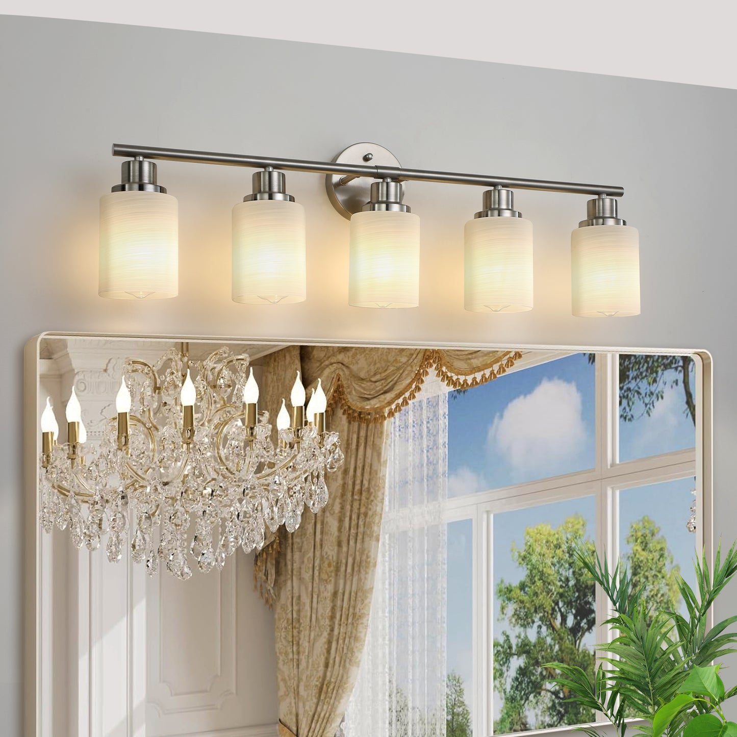 5-Light Vanity Sconce with Frosted Glass Shades for Bathroom or Hallway Lighting, Brushed Nickel