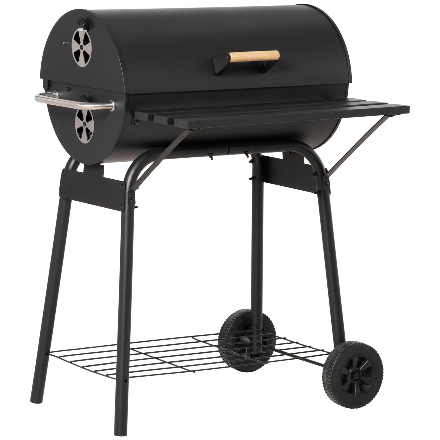 Portable 30-Inch Barrel Charcoal Grill With Wheels, Steel Smoker And Storage Shelf For Backyard Picnic Black