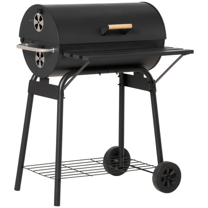Portable 30-Inch Barrel Charcoal Grill With Wheels, Steel Smoker And Storage Shelf For Backyard Picnic Black