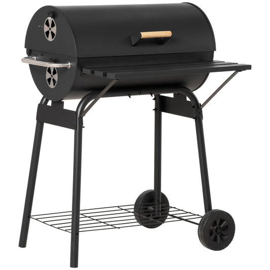 Portable 30-Inch Barrel Charcoal Grill With Wheels, Steel Smoker And Storage Shelf For Backyard Picnic Black