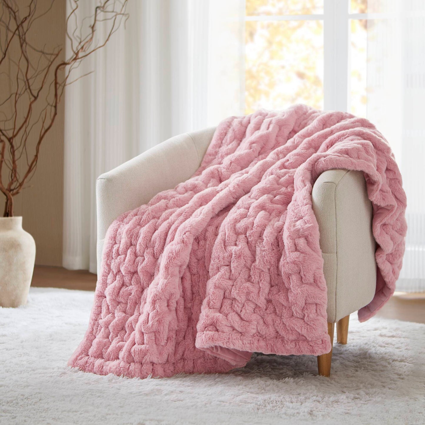 50x60 Throw with Ruched Faux Fur Front Reversible Faux Mink Back 100% Polyester Polyfill Washable Pink