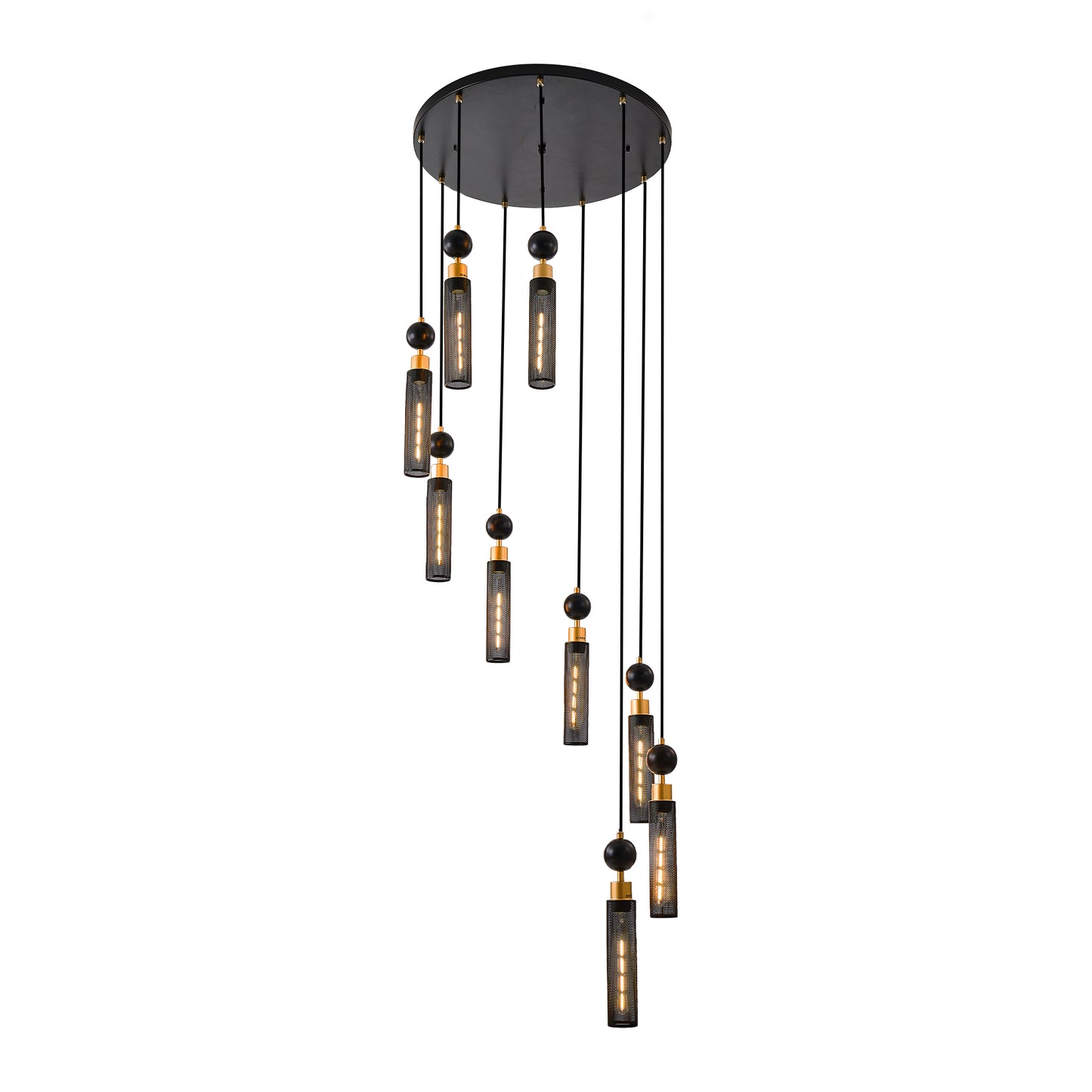 9-Light Pendant, Mesh Cylinder Shades, Adjustable Ceiling Light for Living Room or Dining - Black-Gold