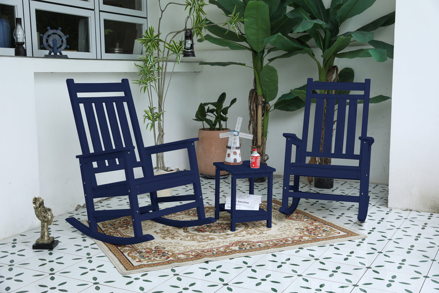 All Weather Outdoor Rocking Chair Set With Side Table 3 Piece Plastic Furniture With Wood Texture Navy Blue