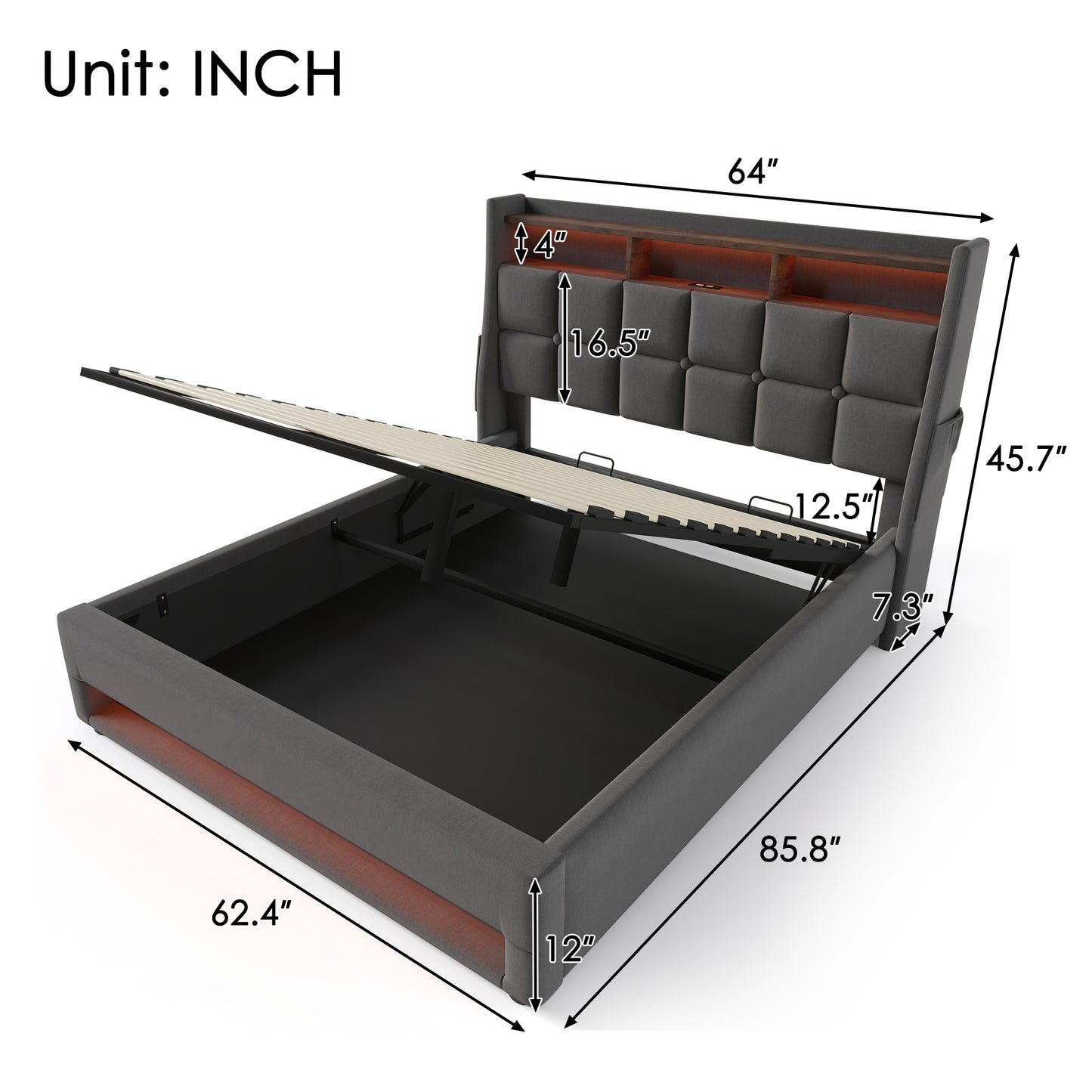 Modern Queen Size Upholstered Platform Bed with Hydraulic Storage, LED Lighting, and USB Port - Grey (Mattress Not Included)