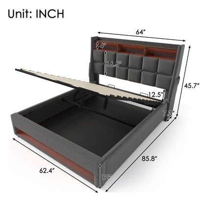 Modern Queen Size Upholstered Platform Bed with Hydraulic Storage, LED Lighting, and USB Port - Grey (Mattress Not Included)