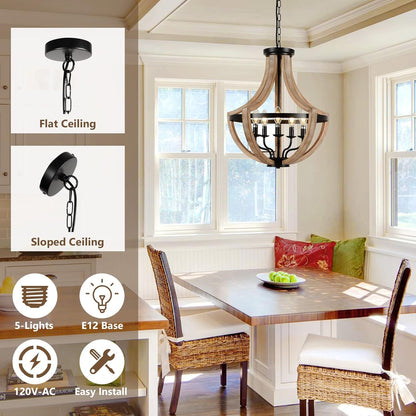 5-Light Farmhouse Pendant Chandelier for Dining Room & Kitchen Island Height Adjustable 19 in Brown