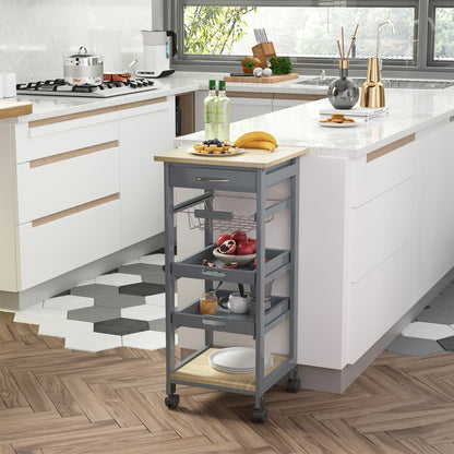 Compact Grey Kitchen Island Trolley With Slide Out Basket